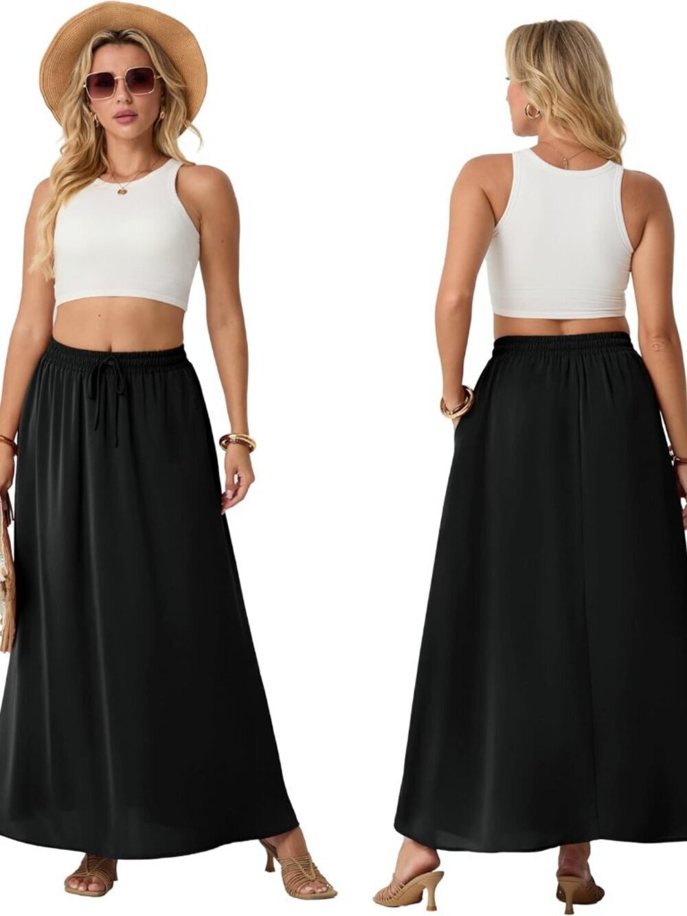Women Flowy Maxi Skirts High Waisted Summer Casual Long Skirts with Pockets A-Li - Picture 2 of 5